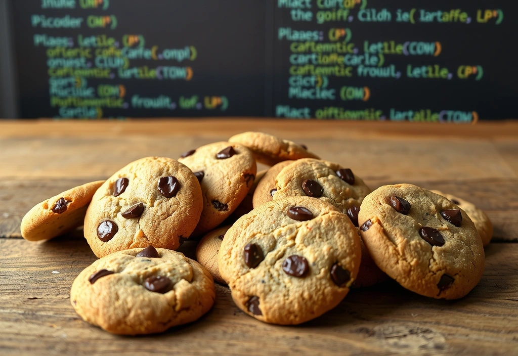Różnorodne ciasteczka ułożone w estetyczny sposób na stole, symbolizujące pliki cookie, z rozmazanym tłem technologicznym.