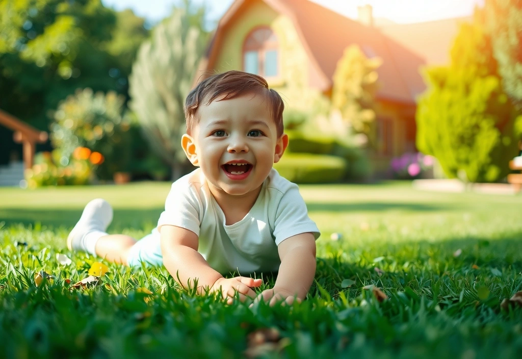Dziecko bawiące się na zielonej trawie, symbolizujące zdrowie i przyszłość