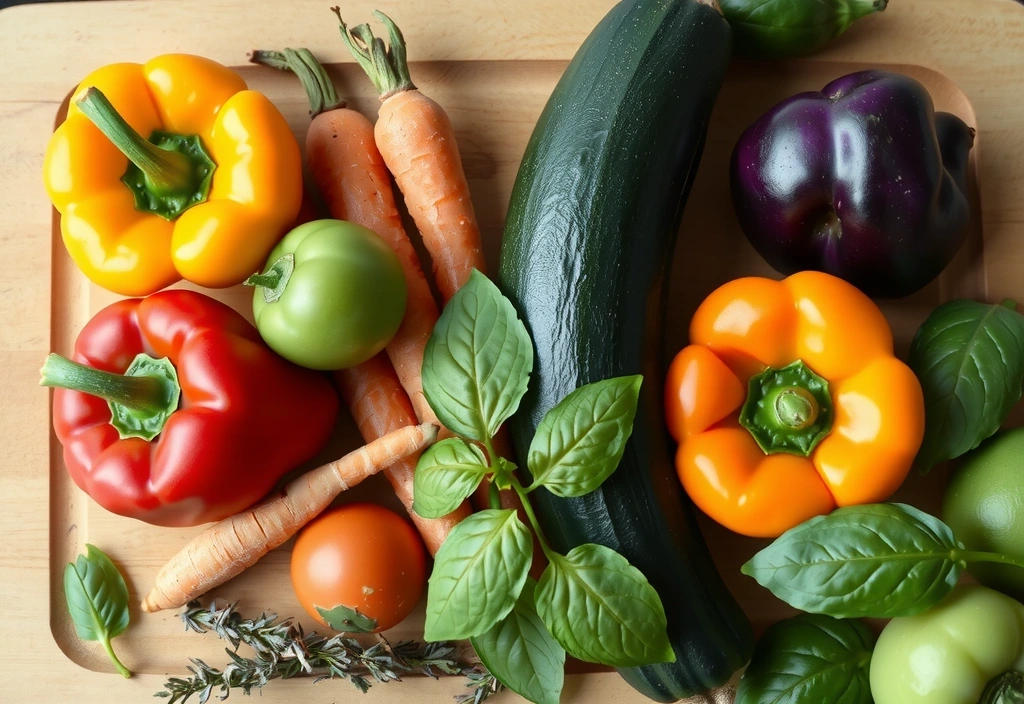 Świeże warzywa i zioła na desce do krojenia