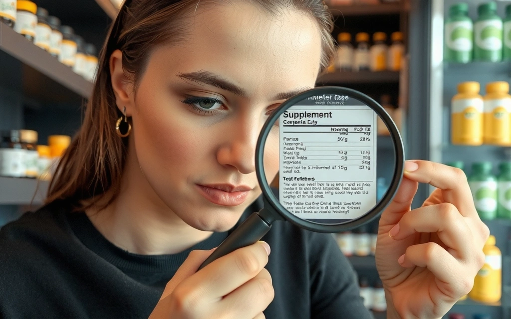 Osoba czytająca etykietę suplementu diety z lupą